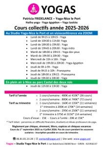 Horaires et tarifs Yoga Nice année 2025-2026