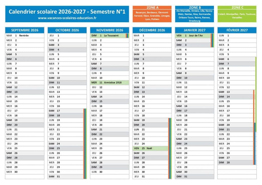 Calendrier 2026-2027 semestre 1