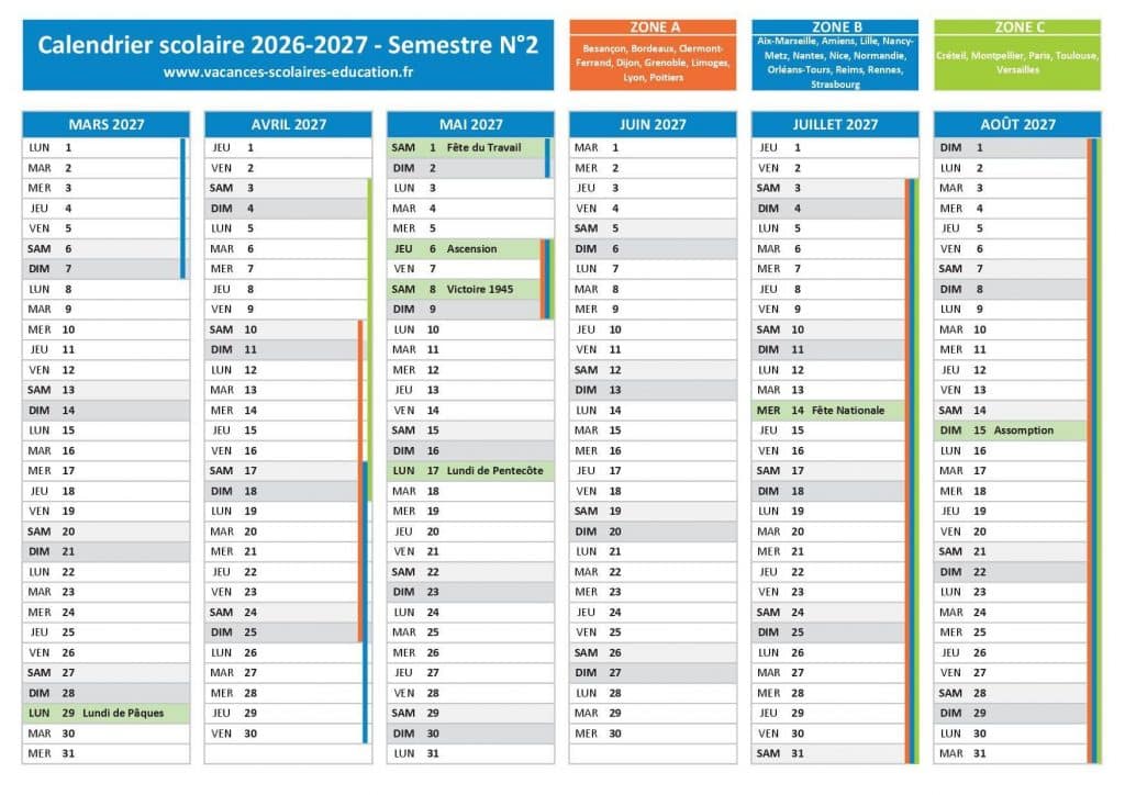 Calendrier 2026-2027 semestre 2